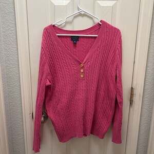 Chaps Classics Pink‎ Cable Knit V-Neck Sweater Women's Size 1X 100% Cotton